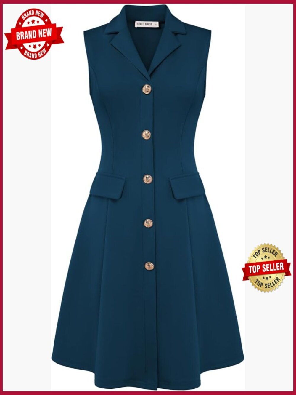 Sleeveless Notch Lapel Midi A-Line Dress Business Sheath Pockets
